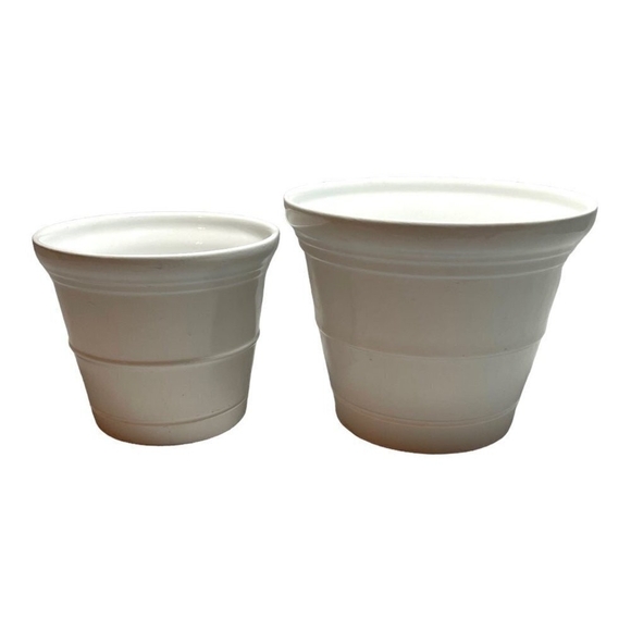 Pair of Planter Modern Horizontal Ribs Ceramic Round Planters White Plants Pots - Picture 2 of 6
